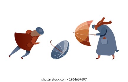 Male and Female Struggling to Hold Umbrella in Windy and Stormy Weather Vector Illustration Set