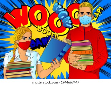 Male and female student, boy carrying a stack of books, girl reading, wearing face mask. College University or High School learning. Comic book style vector illustration education concept.