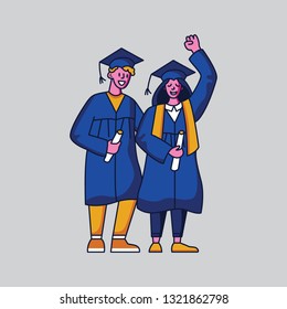 Male and female student characters in graduation gowns. Flat style vector illustration