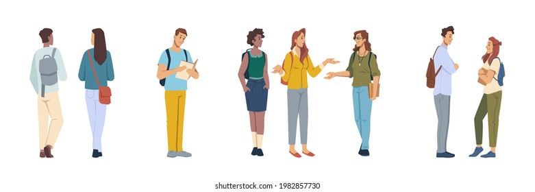 Male and female student characters talking and communicating, isolated girls and boys reading books and chatting. Flirting couple and walking personage with satchels. Vector in flat cartoon style