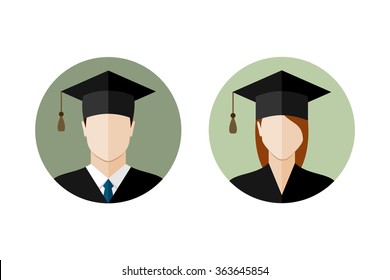 Male and female student icons. Set of college or university graduation students. Flat style design