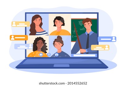 Male and female students are attending online class. Concept of studying remotely from home via video call application during Coronavirus COVID-19 pandemic outbreak. Flat cartoon vector illustration