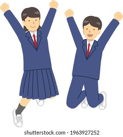 Male and female students in blazer uniforms to jump