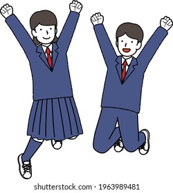 Male and female students in blazer uniforms to jump
