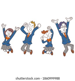 Male and female students in blue uniforms happily jumping