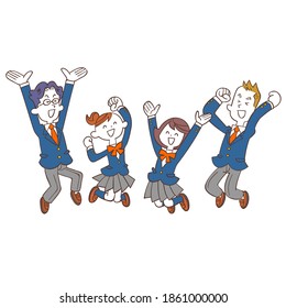 Male and female students in blue uniforms happily jumping