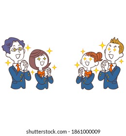 Male and female students in blue uniforms praying face to face