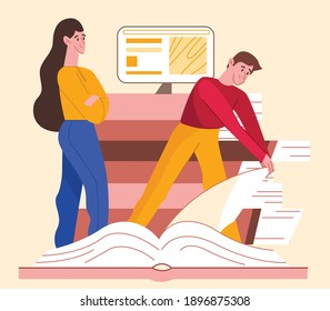 Male and female students with book and laptop. Flat design illustration. Vector
