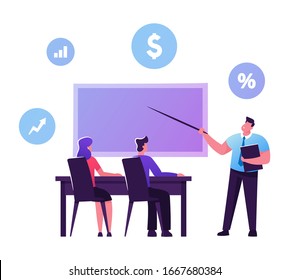 Male and Female Students Characters Sitting at Desk Rear View Listening Teacher who Explain Lesson at Blackboard with Financial Icons, Educational Loan, Scholarship. Cartoon People Vector Illustration