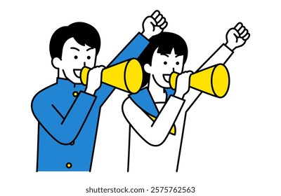 Male and female students cheering with megaphones