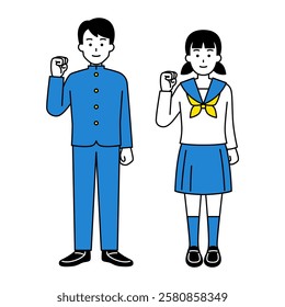 Male and female students doing fist pump (full body)