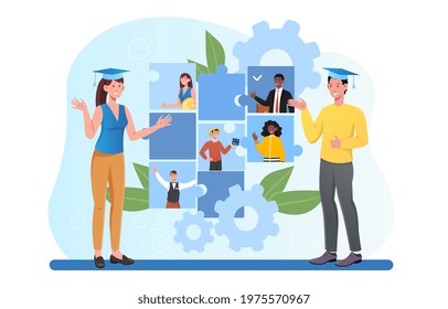 Male and female students in graduation hat choosing program in college together. Young man and woman are thinking over future occupation. Flat cartoon vector illustration