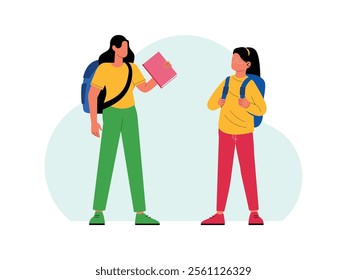 male and female students are greeting each other, the male student is carrying a book he wants to ask his friend about his homework.
design, vector, illustration