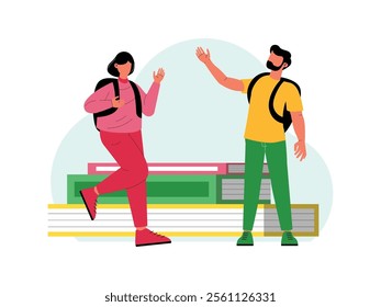 male and female students are greeting each other they are also wearing backpacks, there are also some books
design, vector, illustration