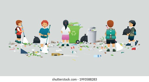 Male And Female Students Help To Clean And Collect Trash.
