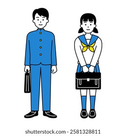 Male and female students holding bags (full body)