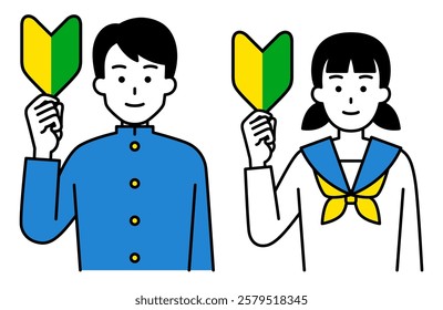 Male and female students holding beginner marks