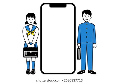 Male and female students holding blank screen smartphones and bags