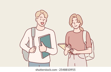 Estudantes do sexo masculino e feminino segurando livros. Ilustrações de design de vetor de estilo desenhado à mão.