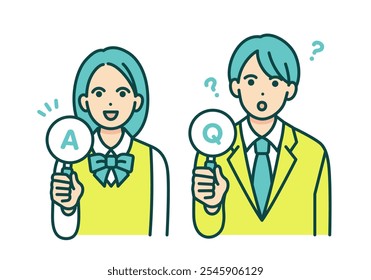 Male and female students holding “Q” and “A” tags. Vector illustration.