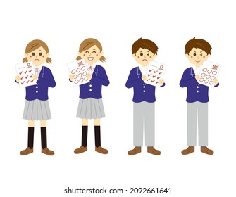 Male and female students holding test answer sheets.