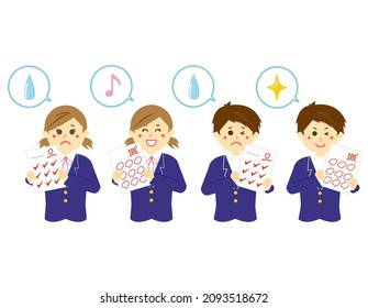 Male and female students holding test answer sheets.