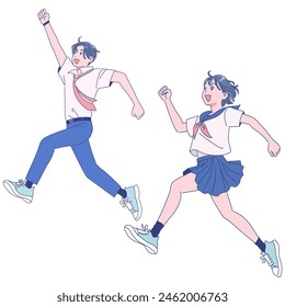 Male and female students jumping energetically in summer uniform