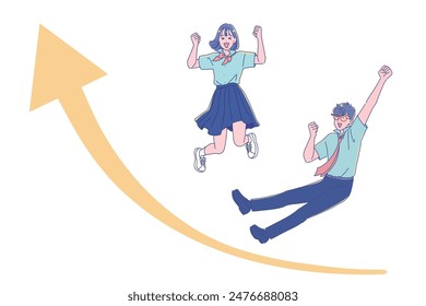 Male and female students jumping energetically in summer uniform