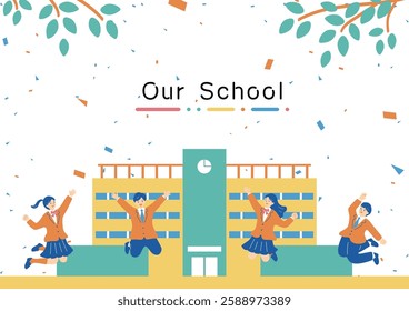 Male and female students jumping in front of the school building