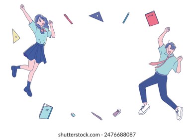 Male and female students jumping with smiles and study tools