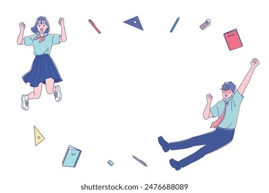 Male and female students jumping with smiles and study tools