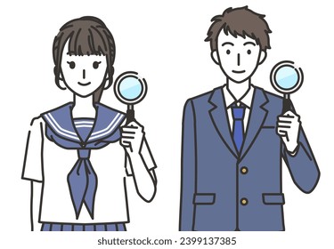 Male and female students with magnifying eyes