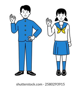 Male and female students making OK signs (full body)