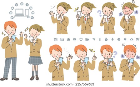 Male and female students operating smartphones Facial expressions set, colorful, work, businessman,