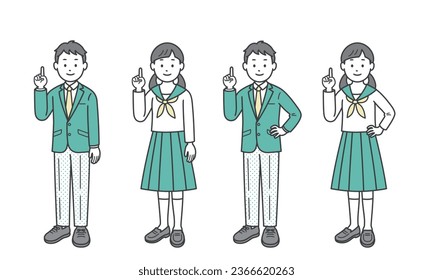 Male and female students pointing with one hand