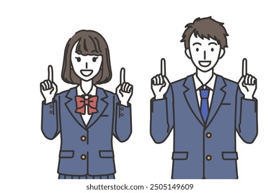 Male and female students pointing upwards