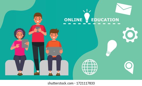 Male female students in primary and secondary school online education type educational instruction that is delivered via the internet to students using their home computer Cartoon character Vector. 