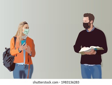 Male and female students returned to campus wearing health masks and keeping their distance.