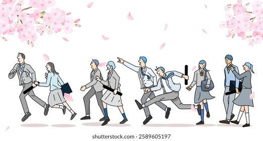 Male and female students running with cherry blossoms - profile - whole body - graduation - simple line drawing of people vector illustration