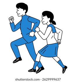 Male and female students running (sideways)
