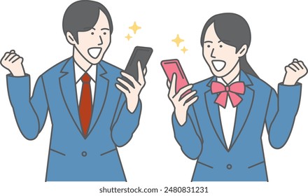 Male and female students in school uniform holding and fist-pumping their phones.