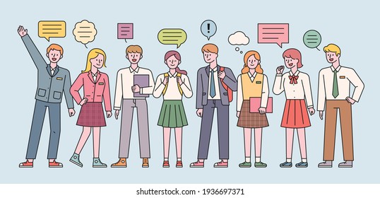 Male and female students in school uniforms are standing and expressing their opinions. flat design style minimal vector illustration.