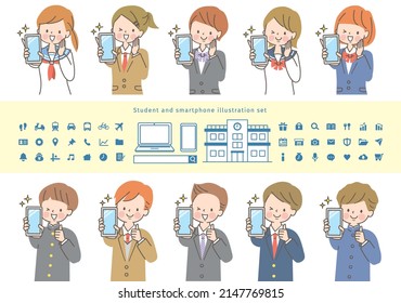 Male and female students showing the screen of the smartphone and the icon of the app