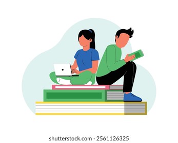 male and female students are sitting on a large book, they are studying
design, vector, illustration
