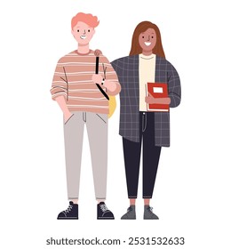 Male and female students, smiling and holding books, standing side by side.