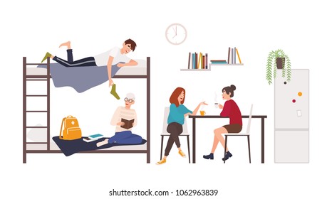 Male and female students spending time in college dormitory room. Young men and women drinking coffee, talking, preparing for exam in university residential area. Flat cartoon vector illustration.