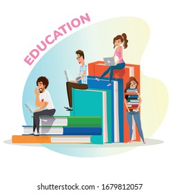 Male and Female Students Studying on Laptop and Huge Books Stack. Education Lettering. Distance Learning Lessons. Graduation Degree. Exam Preparation. Study Time. Knowledge Online. Vector Illustration