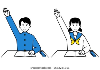 Male and female students studying raising their hands
