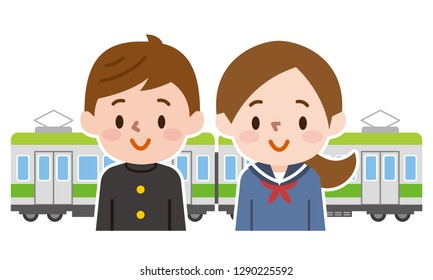 Male and female students and trains