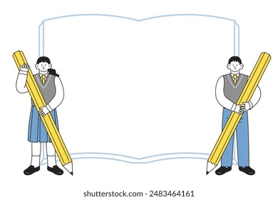 Male and female students in uniform holding large pencils in their hands and framed background of books